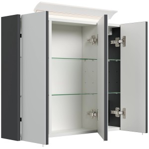 Posseik Spiegelschrank, 75 cm breit, Grafit, mit LED-Lampe und Glasböden. Offene Türen.