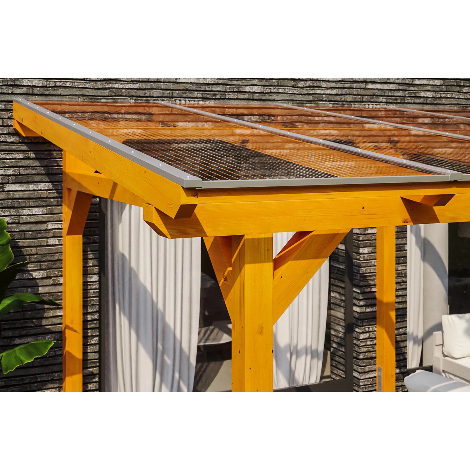 Freistehende Skan Holz Terrassenüberdachung Siena aus Leimholz Eiche hell mit klarer Dacheindeckung.