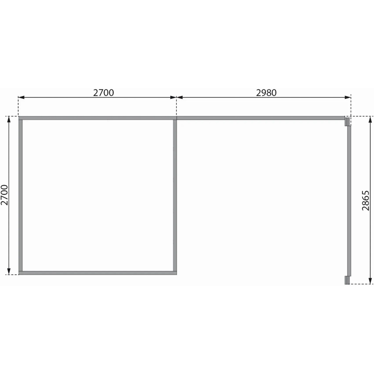 Grundriss Karibu Holz-Gartenhaus Kastberg, naturbelassen, mit Maßangaben.