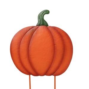 Oranger Metall Gartenstecker in Kürbisform mit grünem Stiel, 60 cm hoch, für herbstliche Gartendeko.