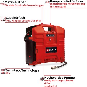 Einhell Akku-Kompressor TE-AC 36/8 Li OF Solo im Kofferdesign, rot. Kompressor für Power X-Change Akkus.