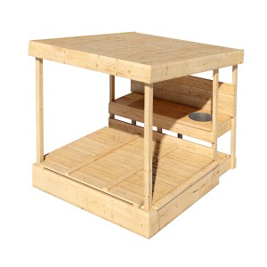Karibu Sandkasten Max aus naturbelassener Fichte mit Dach und Matschküche.