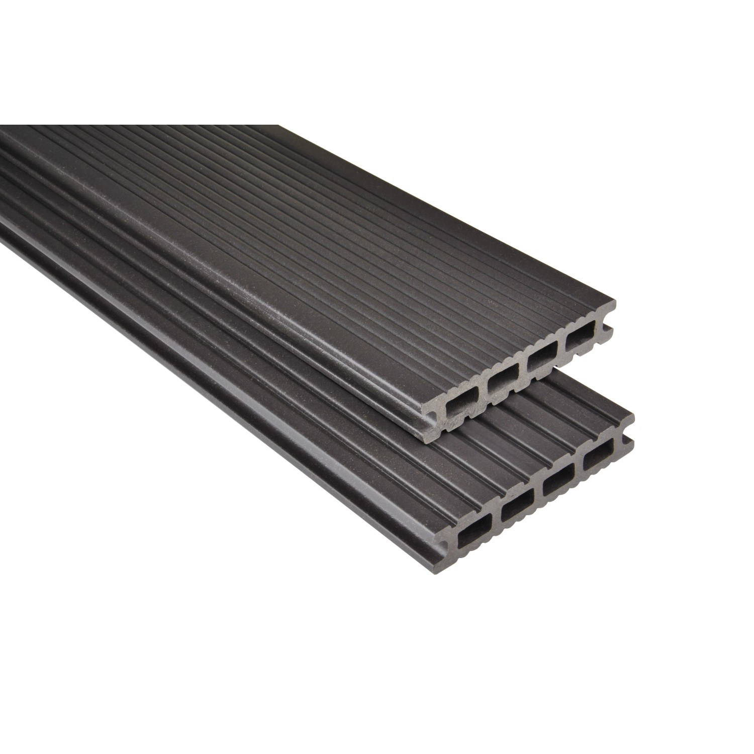 Kovalex WPC Terrassendielen Bausatz, graubraun, mattiert, mit geriffelter Oberfläche und Hohlkammerprofil.