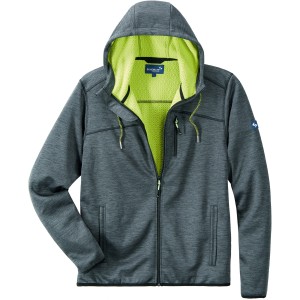 Grau-schwarz melierte Strick-Fleecejacke Goldegg mit Kapuze und gelber Fleece-Innenseite.