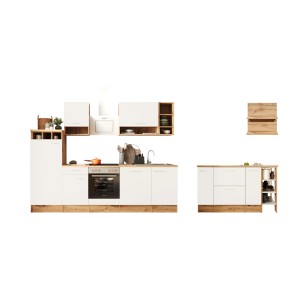 Respekta Küchenblock Hilde 280 cm mit Kücheninsel in Weiß und Holzdekor, inklusive E-Geräte.