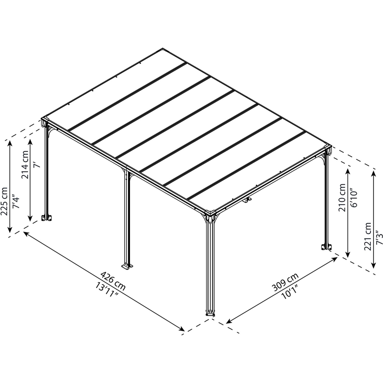 Technische Zeichnung: Palram Canopia Milano Gartenpavillon 3.1 x 4.3 m, anthrazit, mit Maßen.