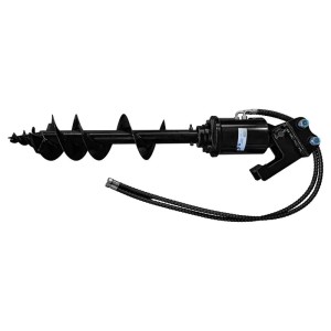 Schwarzes Zipper Erdlochbohrer-Set für Minibagger, 200 mm Durchmesser, 800 mm Länge, mit Hydraulikschläuchen.