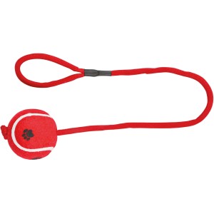 Roter Jollypaw Tennisball am Seil (50cm) für Hunde, ein Apportierspielzeug mit Handschlaufe.
