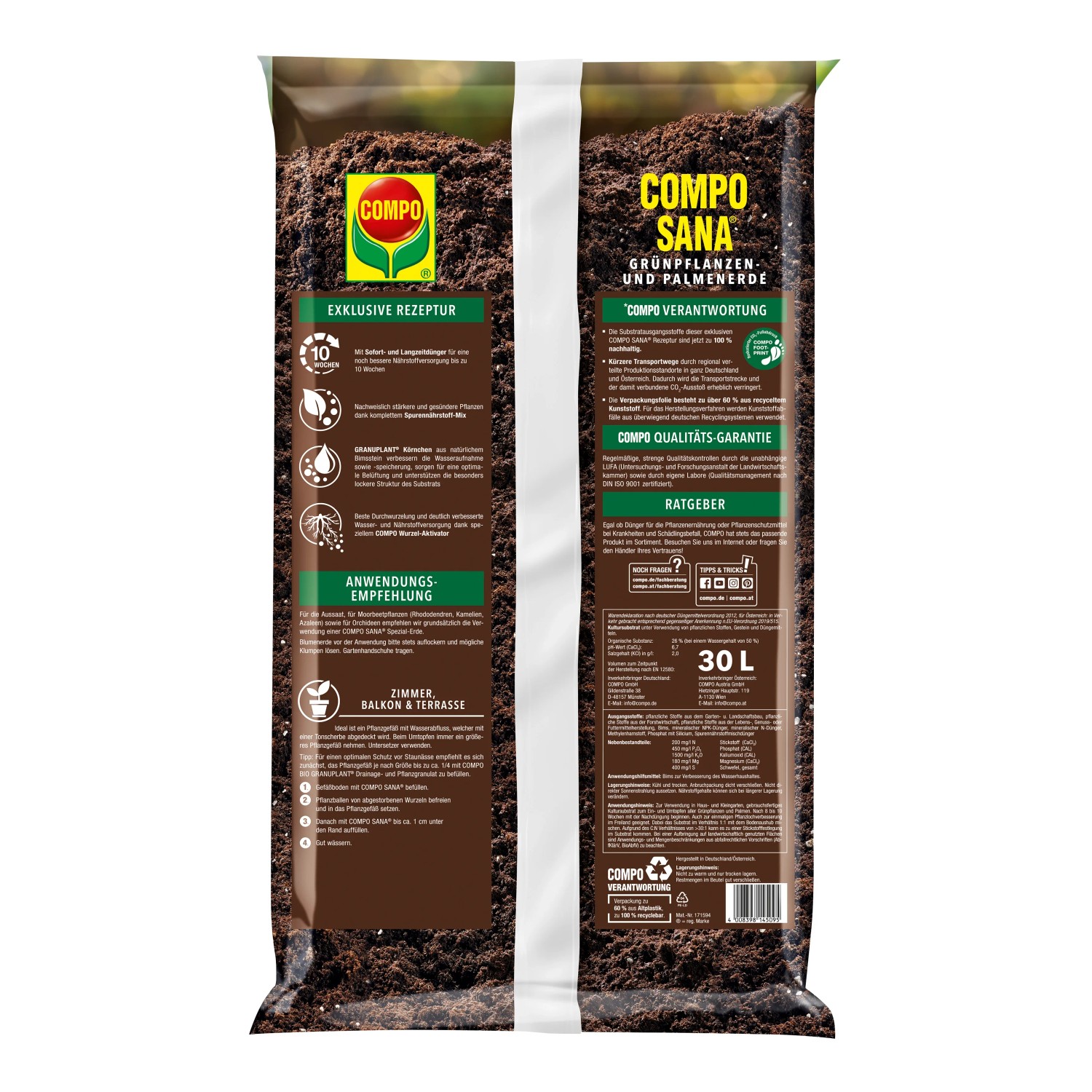 Sack Compo Sana Grünpflanzen- und Palmenerde, torffrei, 30 Liter. Spezialerde für Grünpflanzen, Palmen und Farne.