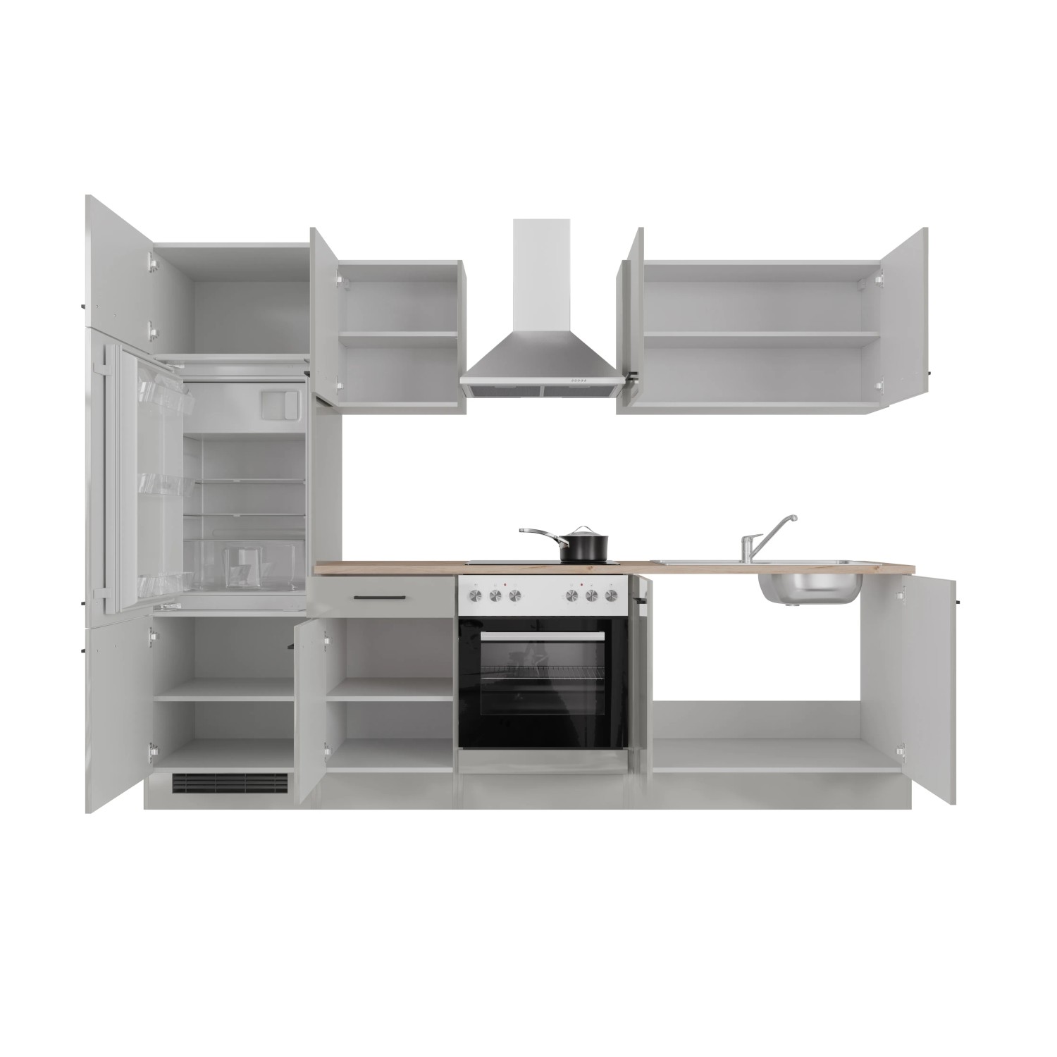Flex-Well Küchenzeile Lund, 270 cm, lichtgrau/rauchgrau, mit E-Geräten und Spüle.