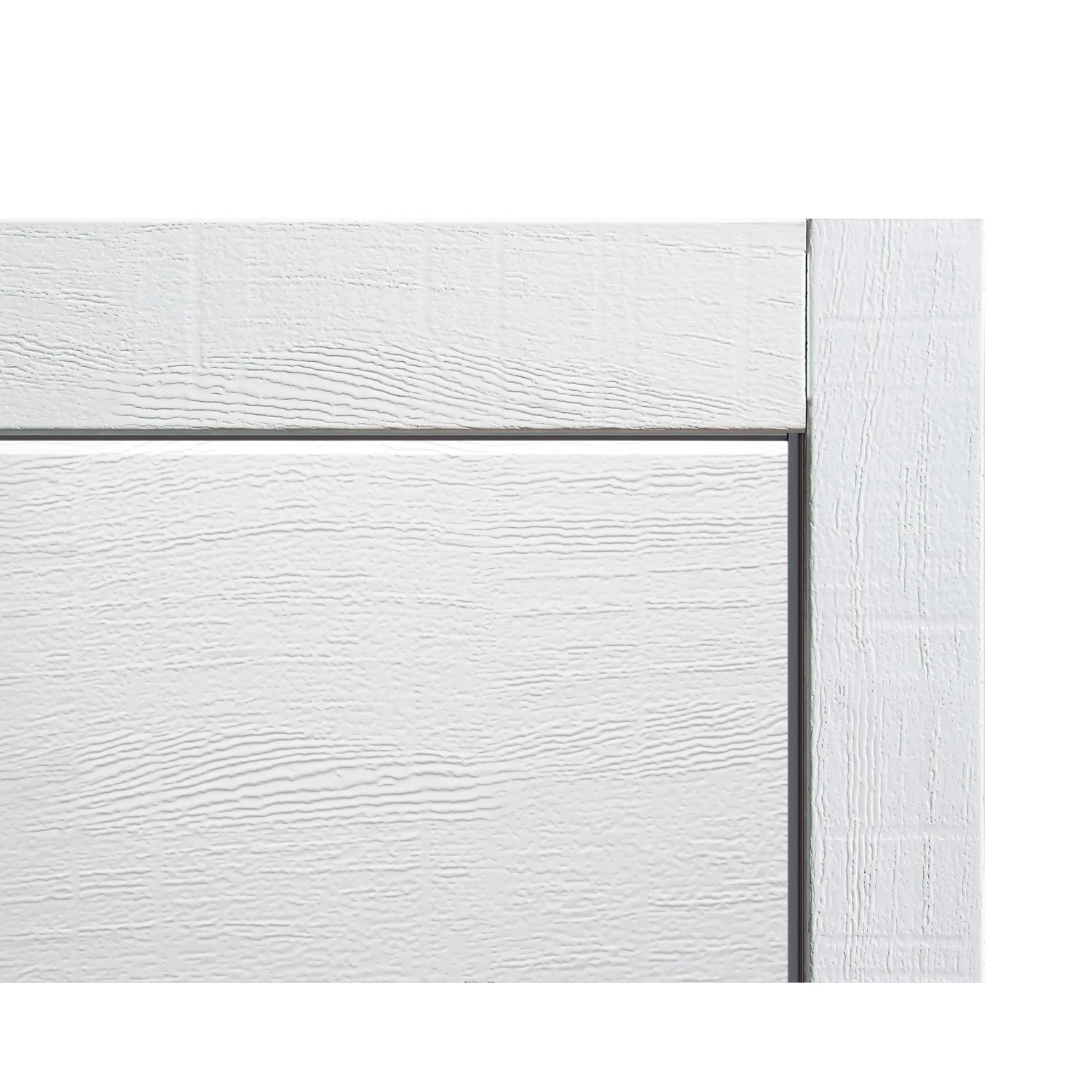 Detailansicht: EcoStar Garagen-Sektionaltor, 2500x2125 mm, Verkehrsweiß, Woodgrain-Oberfläche.