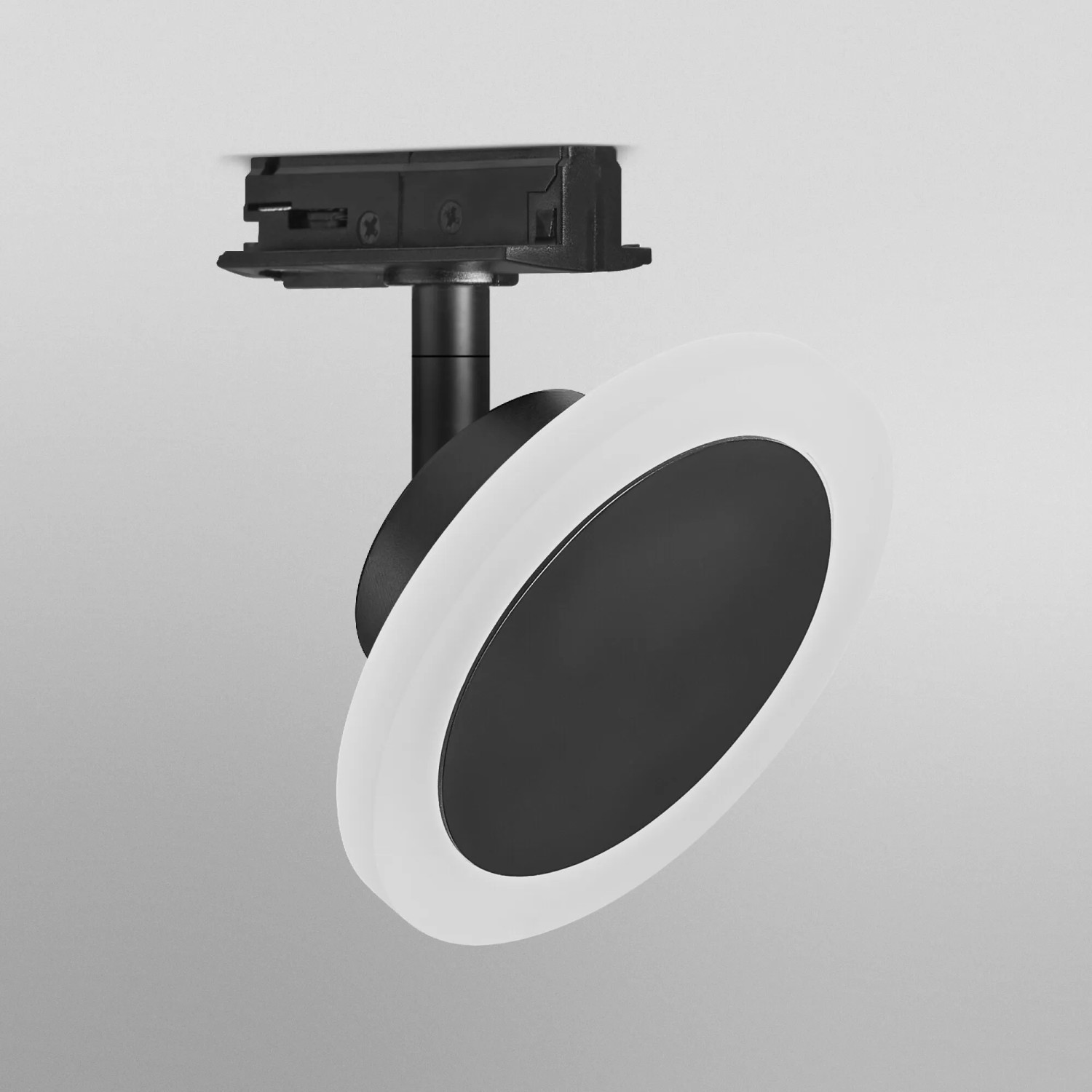 Schwarze Ledvance Smart+ Schienenleuchte (Ø 12cm) mit weißem Leuchtring. Smarte Beleuchtung für Ihr Zuhause.