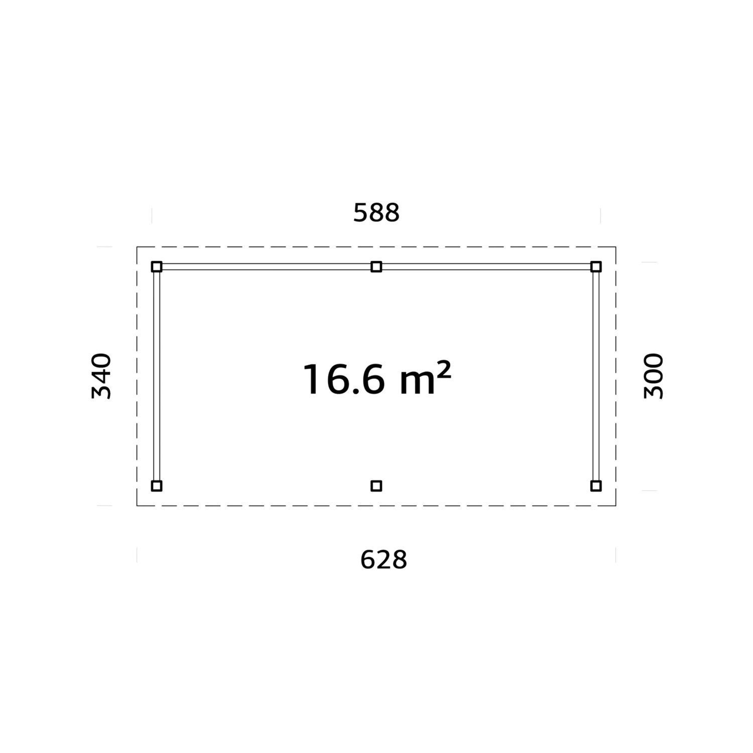 Grundriss Palmako Pavillon Lenna Set 307, 588x300 cm, weiß lackiert, 16,6 m² Fläche.