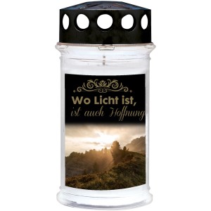 Grablicht Ambrosius Motivkerze mit Spruch und Landschaft, Brenndauer 5 Tage.
