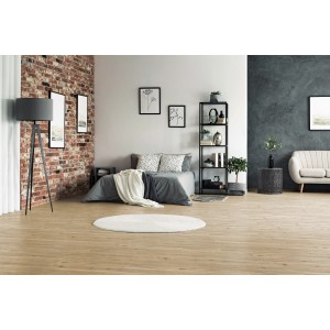 Heller Click-Vinylboden Eiche Siena Landhausdiele im modern eingerichteten Schlafzimmer.