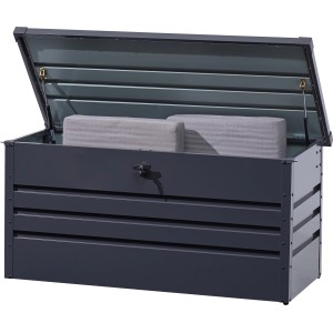 Geöffnete Floraworld Aufbewahrungsbox, 400 Liter, anthrazit, mit Kissen. Universalbox aus Stahlblech.