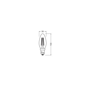 Skizze: Osram LED-Leuchtmittel E14 Kerzenform, Maße 10x3,5 cm.