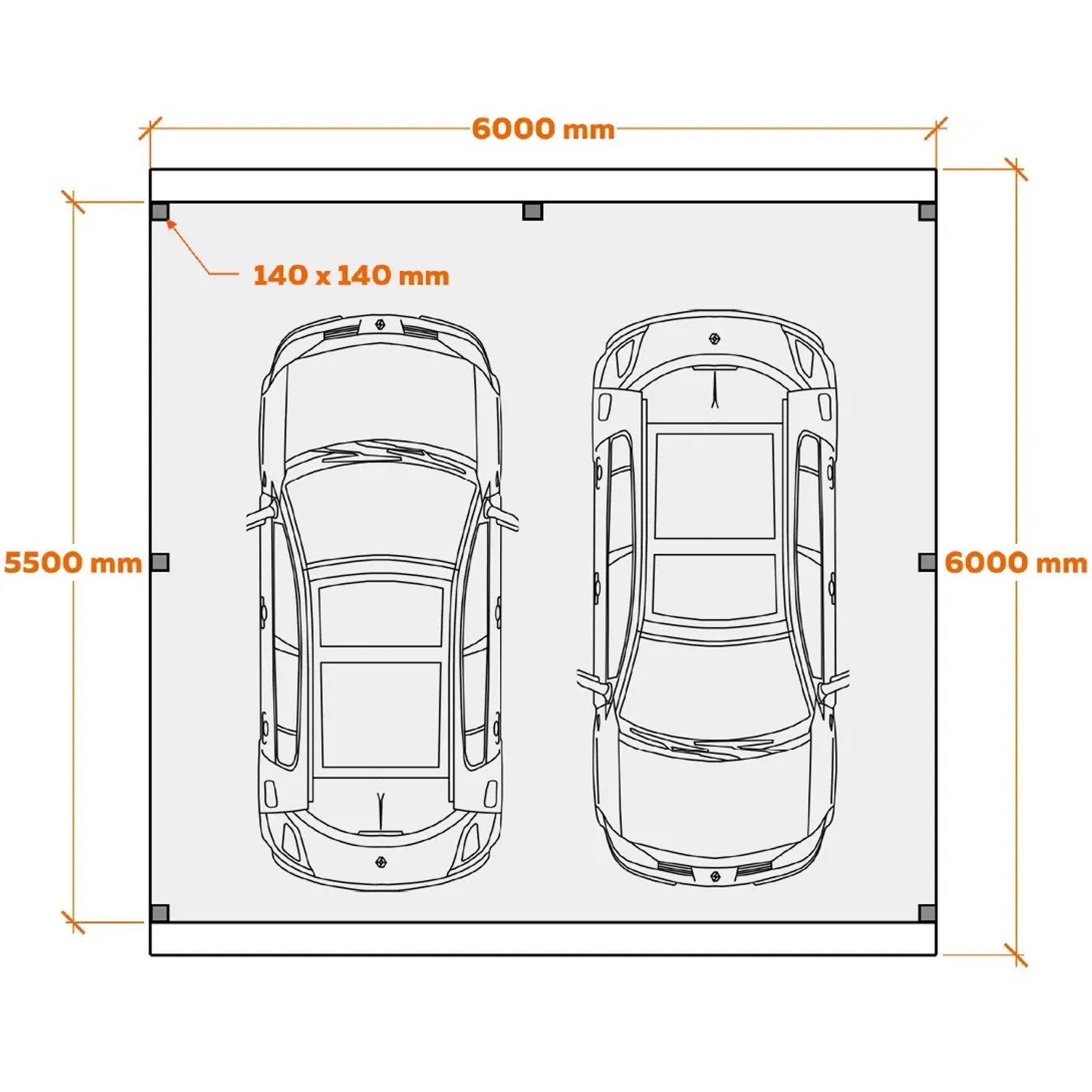 Draufsicht Holzbrüder Doppelcarport Ralf, 600x600 cm, mit zwei Autos als Größenvergleich.