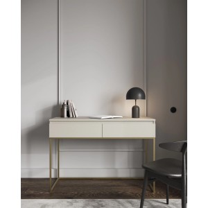 Selsey Bemmi Schminktisch in Greige mit zwei Schubladen und goldenen Beinen. Modernes Design.