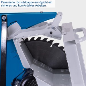 Detailaufnahme: Scheppach HS550 Wippkreissäge mit Schutzklappe und Sägeblatt.