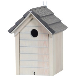 Nistkasten mit hellgrauem Korpus und anthrazitfarbenem Dach im Schindeldesign.