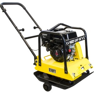 Güde Rüttelplatte GRP 90 in Gelb-Schwarz, Baugerät mit Stahlrahmen und einklappbarem Handgriff.