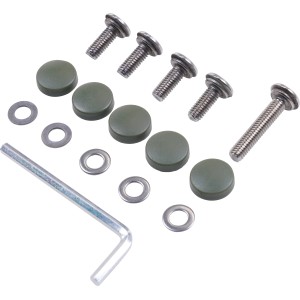 Montageset für Balkonset Arrino mit Schrauben, Abdeckkappen, Unterlegscheiben und Inbusschlüssel.