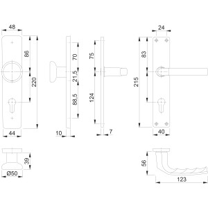 Technische Zeichnung: Hoppe Langschild-Wechsel-Garnitur Birmingham für Wohnungsabschluss-Türen, Aluminium, Maße.