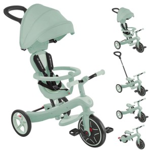 Pistazienfarbenes Globber Explorer Trike 4in1 als Kinderwagen, Dreirad & Laufrad. Höhenverstellbar, vielseitiges Kinderfahrzeug.