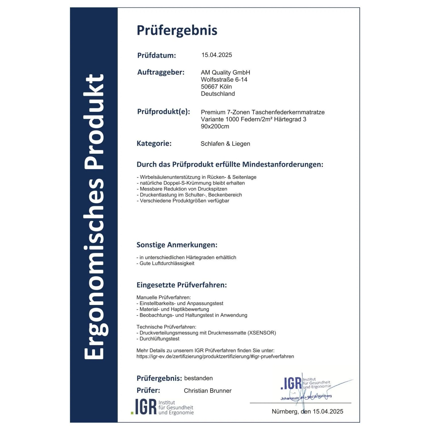 Prüfbericht für AM Qualitätsmatratze Premium 1000 Federn Taschenfederkernmatratze 180x200cm H3