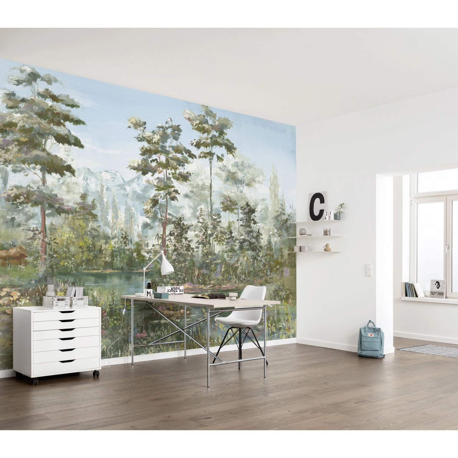 Komar Fototapete Harmonic Homeland mit Waldsee-Motiv im Raum, 400x250cm