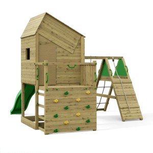 Spielturm Funky Combo mit Kletterwand, Rutsche und Schaukel für Kinder.