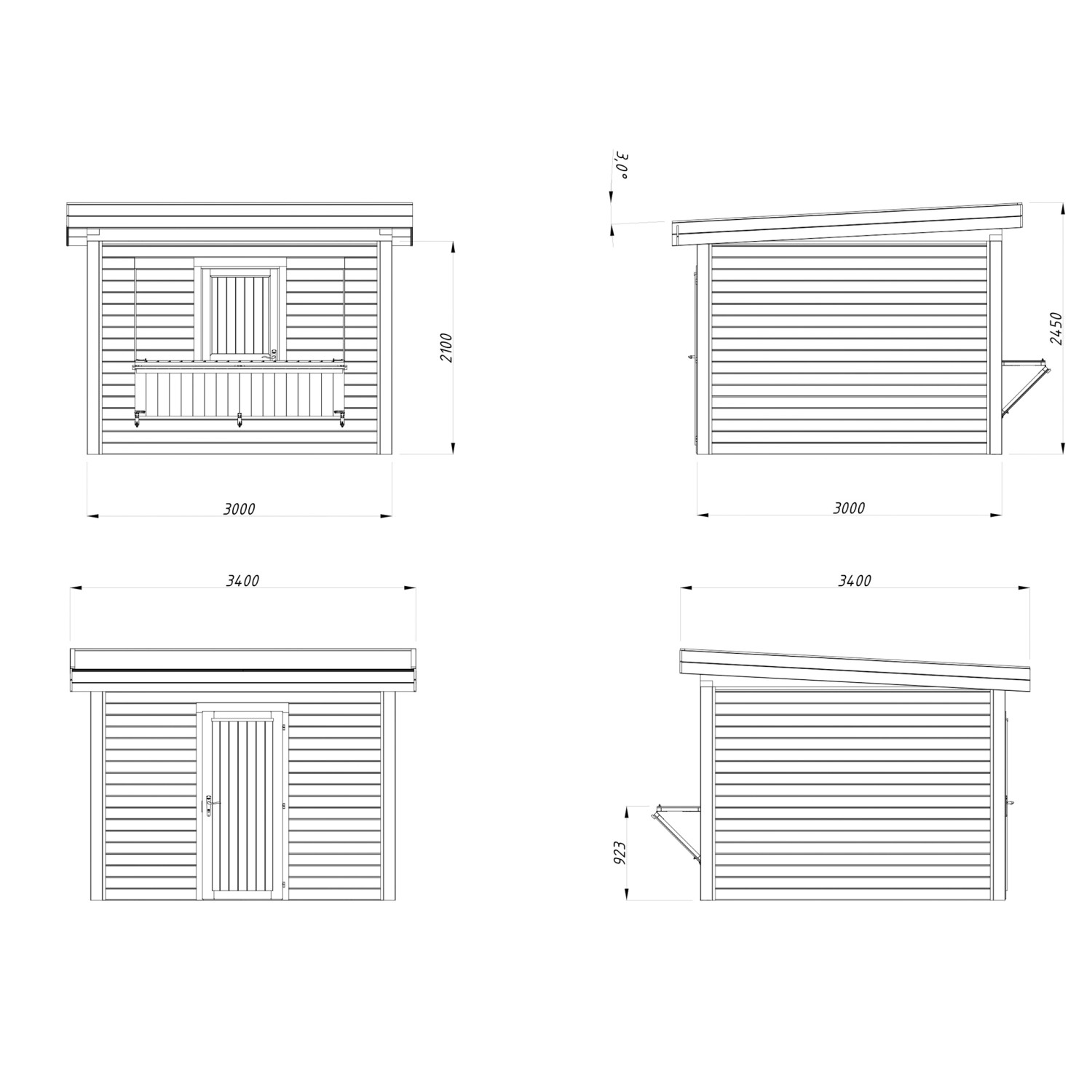 Technische Zeichnung Palmako Marktstand Lenna Set 304, braun, 300x300 cm, mit Maßen.