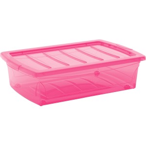 Fuchsiafarbene Aufbewahrungsbox Home XM mit Rollen und Deckel, ideal zum Verstauen und Stapeln.