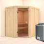 Karibu Sauna-Set Cleo mit Ofen und integr. Steuerung. Elementsauna aus Fichte mit Glastür und zwei Liegen.
