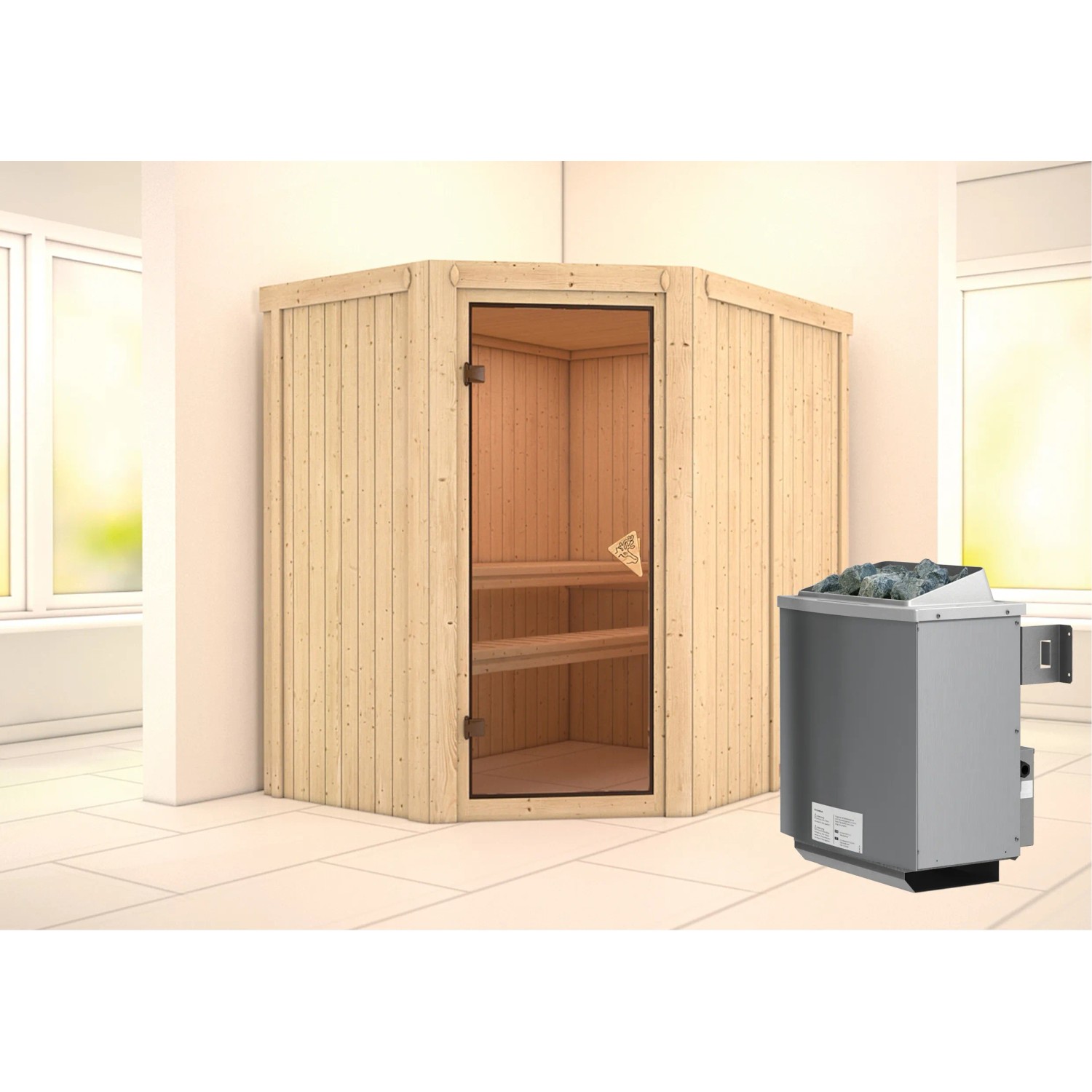 Karibu Sauna-Set Cleo mit Ofen und integr. Steuerung. Elementsauna aus Fichte mit Glastür und zwei Liegen.