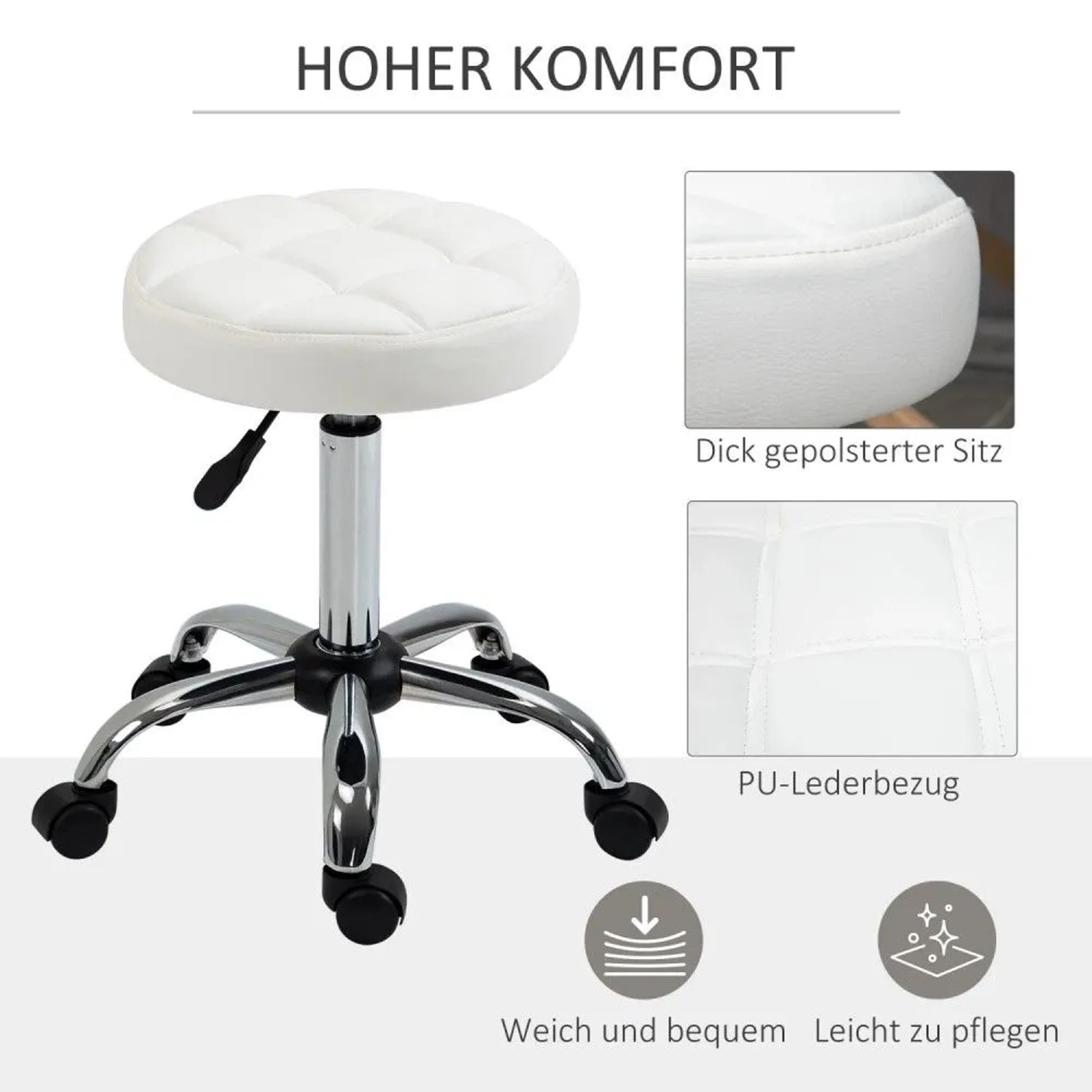 Weißer, höhenverstellbarer Arbeitshocker mit gestepptem Kunstledersitz und Rollen. Drehbarer Rollhocker.