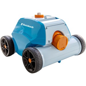 Steinbach Poolrunner Battery + Poolroboter in Blau und Grau mit Rädern.