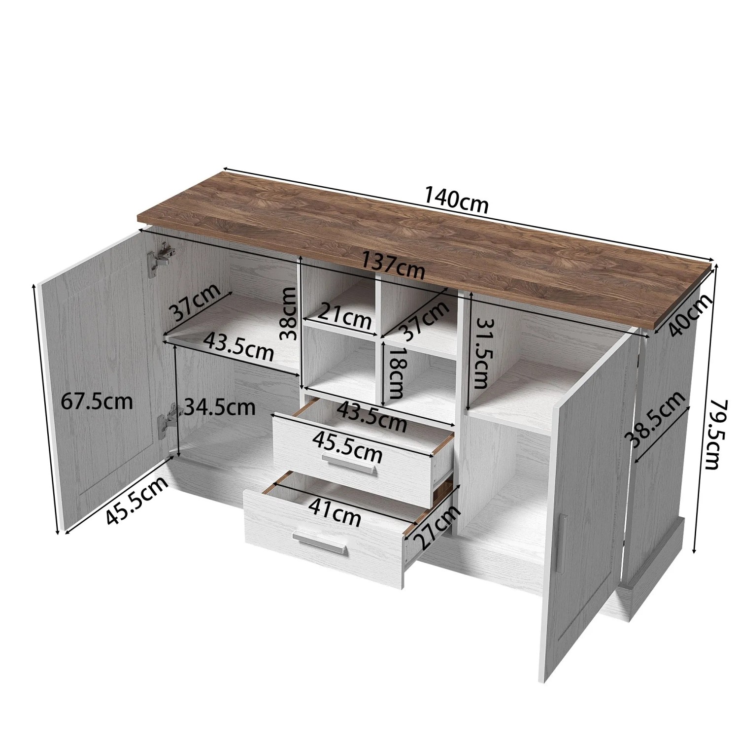 okwish Sideboard mit 2 Türen 2 Schubladen Wohnzimmer 140x40x79cm Weiß_5