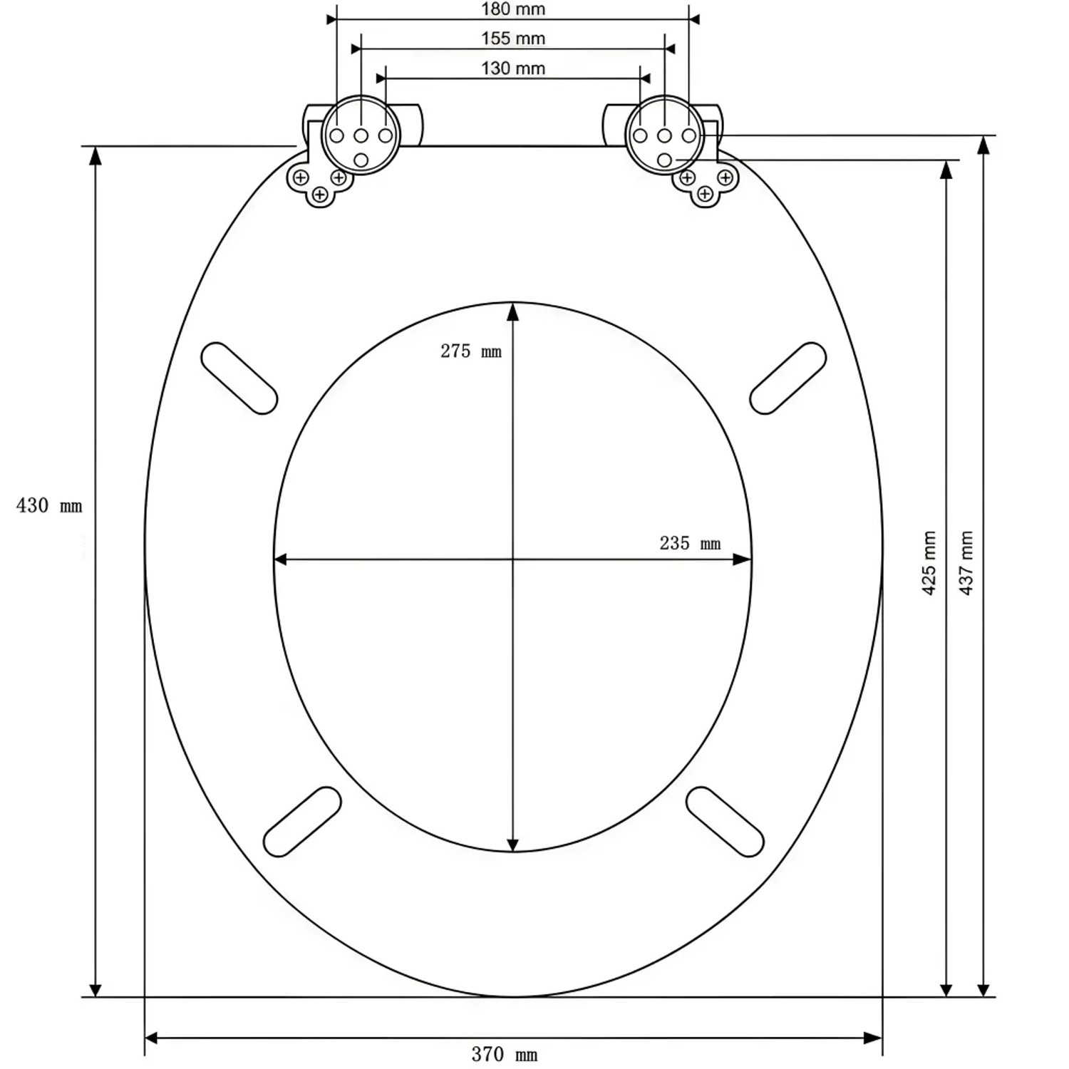 Technische Zeichnung Sinobath WC-Sitz. Draufsicht mit Maßen für ovalen WC-Sitz und Scharniere.