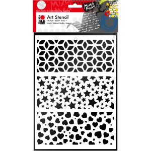 Marabu Art Stencil Schablone Modern Combination DIN A4 mit Blumen, Sternen und Herzen.