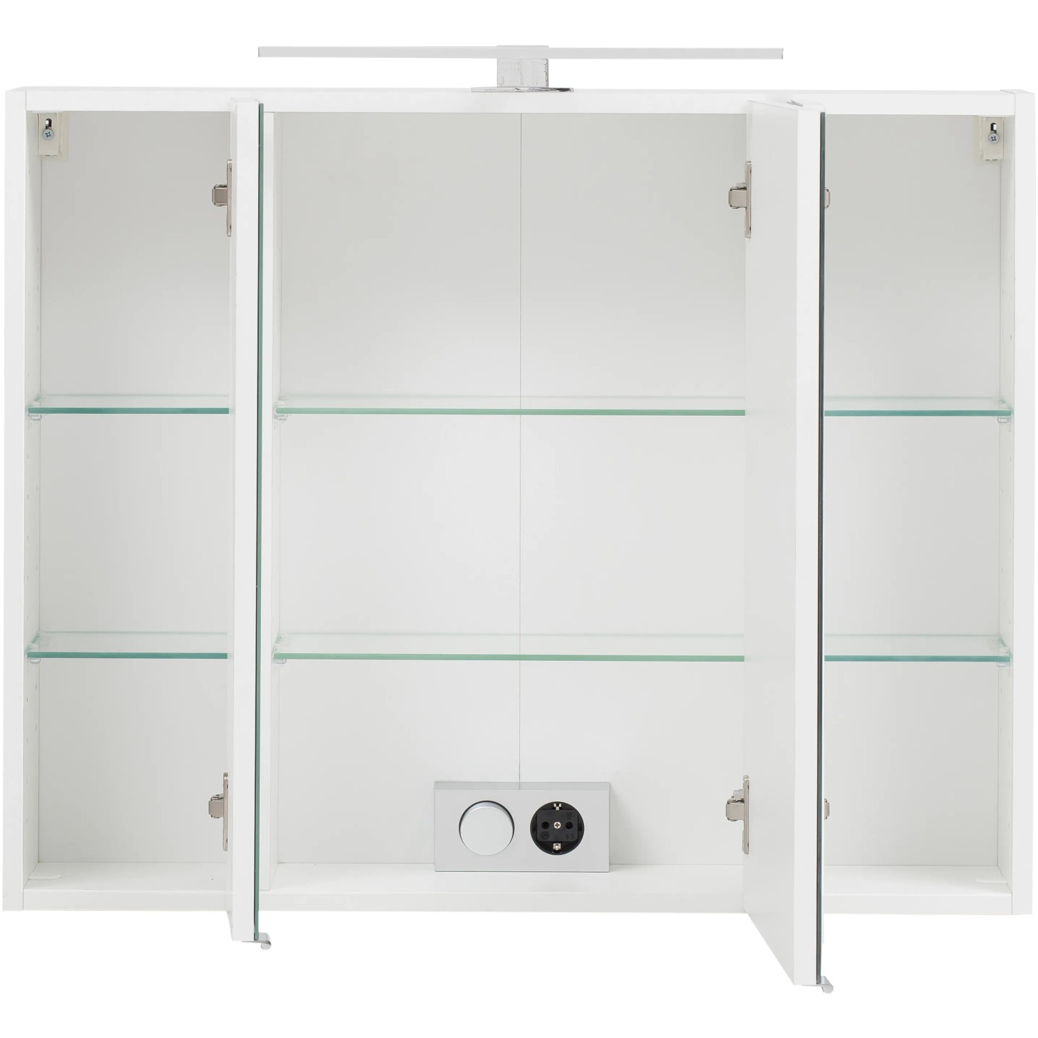 Weißer Held Möbel 3D-Spiegelschrank Salerno, 80 cm breit, mit Glasböden und Aufsatzleuchte.