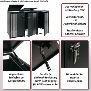 Anthrazitfarbene Mülltonnenbox für 3 Tonnen, Holzoptik hell, 122x200x84 cm.