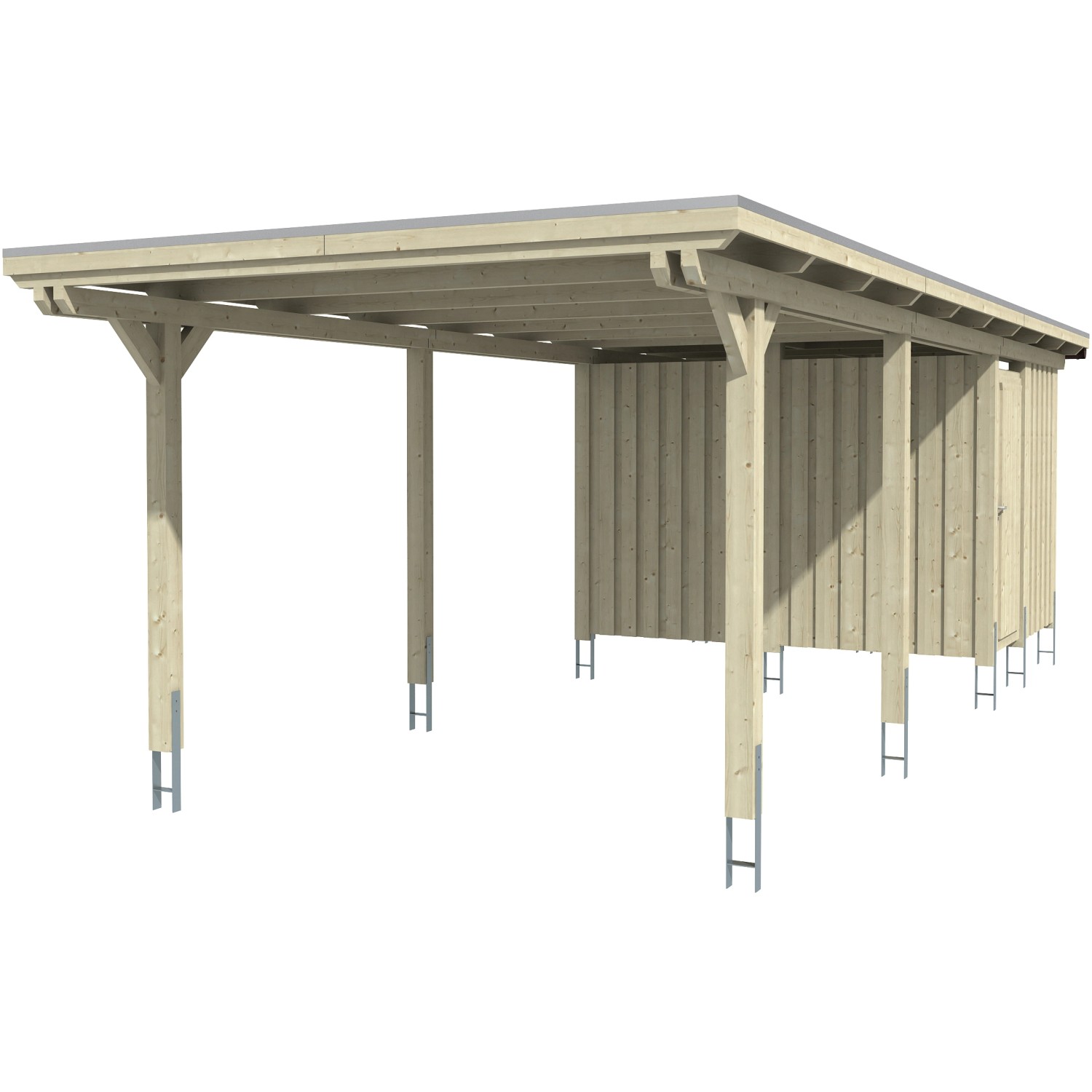 Skan Holz Carport Emsland mit Abstellraum, naturbelassenes Holz, Pfosten und flaches Dach.