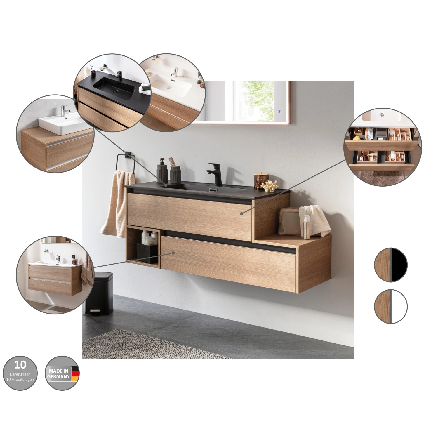 Fackelmann Waschtischunterschrank Vita, 100 cm, Eiche/Weiß, mit zwei Schubladen und griffloser Optik.