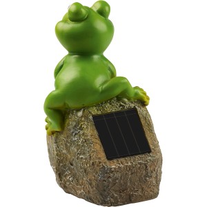 LED Solarstein mit Frosch als Deko für den Garten. Der Frosch sitzt auf einem Stein mit Solarpanel.