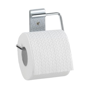 Wenko Toilettenpapierhalter Basic aus Edelstahl mit Toilettenpapierrolle.