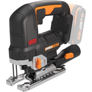 Worx Nitro Akku-Pendelhubstichsäge WX542.9, 20V, ohne Akku. Stichsäge in Schwarz und Silber mit orangenen Akzenten.