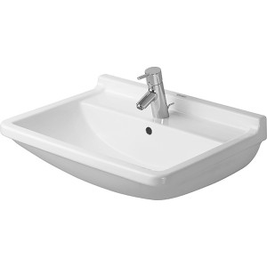 Weißes Duravit Starck 3 Waschbecken, 55 cm, mit Überlauf, Hahnloch und WonderGliss Beschichtung.
