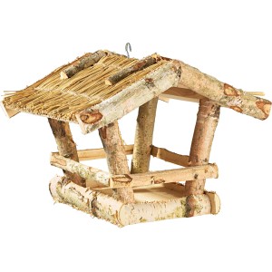 Vogelfutterhaus mit Strohdach aus Birkenholz, ideal für Wildvögel.